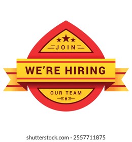 We are hiring join our team red yellow banner with ribbon design template isometric vector illustration. Recruitment HR vacancy employee searching human resources opportunity advertising