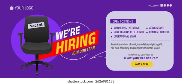 we are hiring join our team announcement banner for social media post. vacant sign on empty office chair. Job recruiting abstract vector illustration