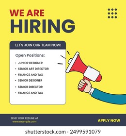 We are hiring join to the team announcement. Hiring recruitment open vacancy design. we are hiring creative post.