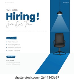 We are hiring join to the team announcement. Hiring recruitment open vacancy design. Creative hiring poster. hiring social media post design.