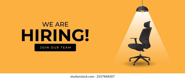 we are hiring and join with team in office chair under spot light in yellow background banner template