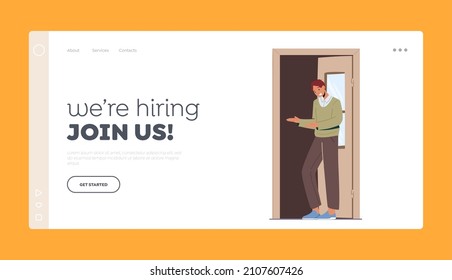 We are Hiring, Join Us Landing Page Template. Friendly Male Character Invite into Open Door, Man Showing Invitation Gesture Stand at Doorway, Hiring to Team. Cartoon People Vector Illustration