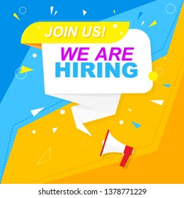 We are hiring a label. Blue and yellow style on a red, orange background. Mega idea and suggestion, geometric shapes. Vector illustration.