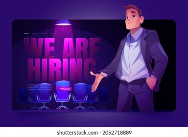 We Are Hiring Landing Page, Employer Offer Vacant Place Illuminated With Spotlight. Hire Job Announcement, Candidates Head Hunting. Human Resources Research, Recruiting Cartoon Vector Web Banner