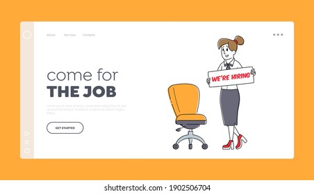 We are Hiring Landing Page Template. Hr Manager Character Search Employee Hire on Job Stand near Vacant Seat. Human Resource, Employment, Recruiting, Head Hunting Announce. Linear Vector Illustration