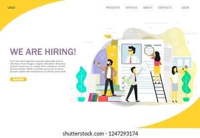 We are hiring landing page website template. Vector flat illustration. Group of people head hunters learning cv with magnifying glass, speaking through megaphones. Job offer and recruitment concept.