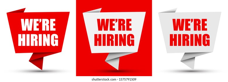 We are hiring lettering on red and white origami speech bubble – stock vector