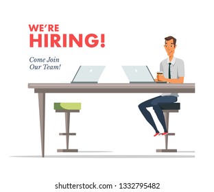 We are hiring lettering, text vector illustration. Employer using laptop and drinking coffee. Office worker at workplace flat drawing. HR manager cartoon character. Man on meeting isolated clipart