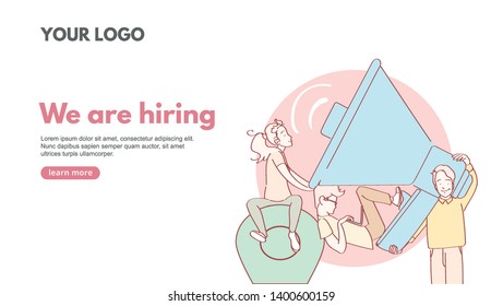 We are hiring line art web banner concept with people. Recruitment advertising template.Modern line art design concept of web page. Vector illustration