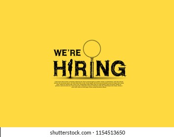 We are hiring logotype with Magnifying Glass and businesswoman hand drawing style on yellow background