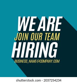 We Are Hiring and long shadow banner. Isolated Object. White, Blue and yellow colors design. The business concept of search and recruitment, Template Text Box Design. Vector Illustration.