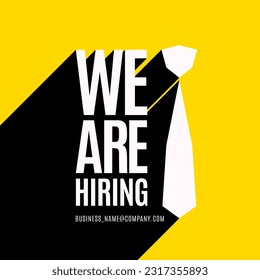 We Are Hiring and long shadow. Isolated Object. White and Yellow colors design. The business concept of search and recruitment, Template Text Box Design. Vector Illustration.