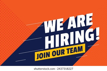 We Are Hiring and long shadow. Isolated Object. White Red and Blue colors design. The business concept of search and recruitment, Template Text Box Design. Vector Illustration.