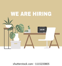 We are hiring. Looking for an employee. HR. Human resources. Office interior. Flat editable vector illustration, clip art