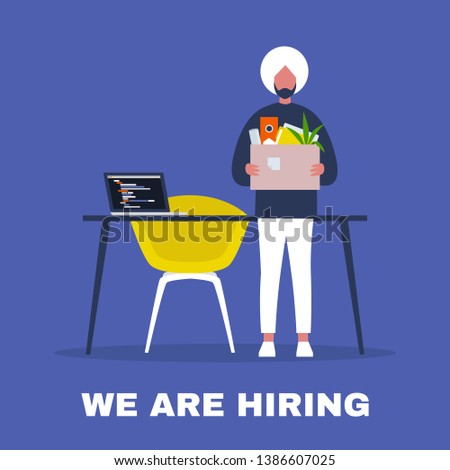 We are hiring. Looking for an employee. HR. Human resources. Young indian character holding a box full of office stationery goods