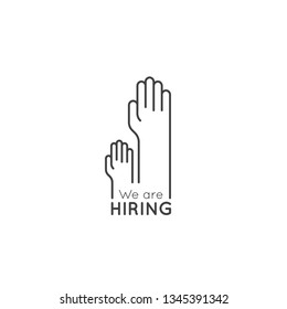 We Are Hiring And Looking For Interns And Young New Specialists, Vector Icon Style Illustration Logo Element With Two Raised Hands