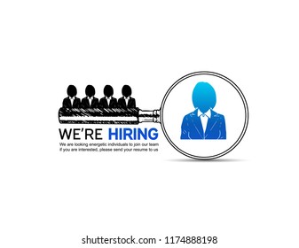 We are hiring magnifying glass choose businesswoman blue color hand drawing style isolated on white background