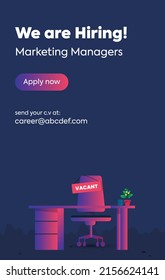 We Are Hiring. We Are Hiring Marketing Manager Announcement Story Poster For Facebook, Instagram, Youtub Story. Marketing Analyst Story Post In Neon Color. Office Chair And Table With Vacancy Symbole