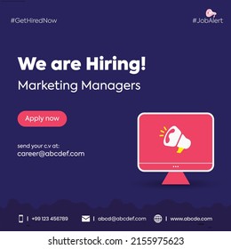 We Are Hiring. We Are Hiring Marketing Managers Announcement Post With Dark Purple Background. We Are Hiring Announcement Poster With Megaphone On  Tv Screen. Get Hired Now. Job Alert. 