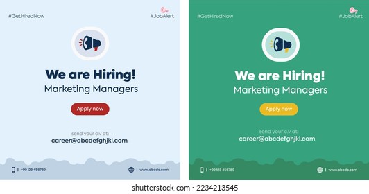 we are hiring. we are hiring marketing managers announcement post with megaphone. Marketing manager job vacancy announcement post with two different background color. career opening. apply now. poster