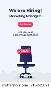 We are hiring. we are hiring marketing managers story post with vacant chair. We are hiring post for facebook, instagram, youtube story. Job Vacancy marketing post with bright background