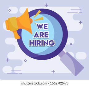 Estamos contratando un mensaje con diseño megáfono y lupe, trabajo empleado empleo empleo empleo empleo empleo empleo empleo empleo empleo profesional entrevistas empleador y contratación tema Vector ilustración