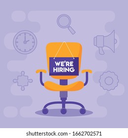 Wir stellen eine Nachricht mit Bürostuhldesign, Job-Job-Angestellte berufliche Laufbahn Beschäftigung gesuchte Interview Arbeitgeber und Einstellung Thema Vektorillustration Illustration