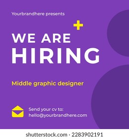 We are hiring middle graphic designer square promo post internet advertising with contact information and place for text vector illustration. Recruitment service for research professional staff