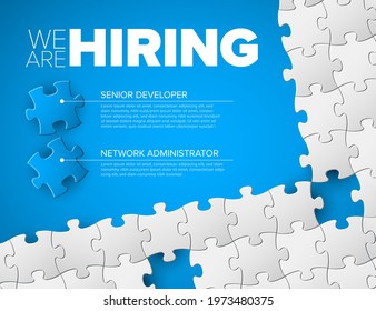 We are hiring minimalistic blue flyer template with puzzle pieces - looking for new members of our team hiring a new member colleages to our company organization team simple motive with puzzles