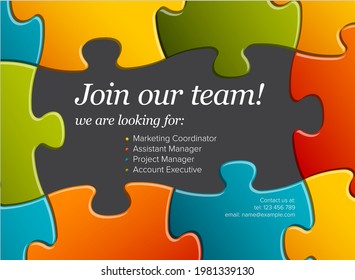 We are hiring minimalistic dark color flyer template with puzzle pieces - looking for new members of our team hiring a new member colleages to our company organization team simple motive with puzzles