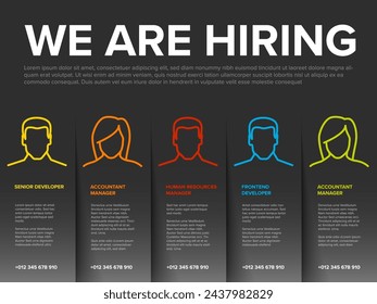 We are hiring minimalistic dark flyer template with paper stripes with position names - looking for new members of our team hiring a new member colleages to our company organization team