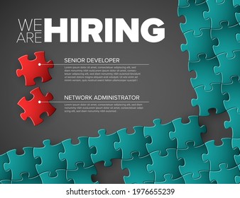 We are hiring minimalistic dark teal and red flyer template with puzzle pieces looking for new members of our team hiring a new member colleages to our company organization team simple motive  puzzles