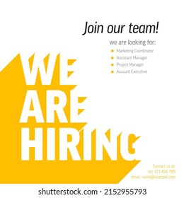 We are hiring minimalistic flyer template - looking for new members of our team hiring a new member colleages to our company organization team. Hiring white flyer banner advertisement