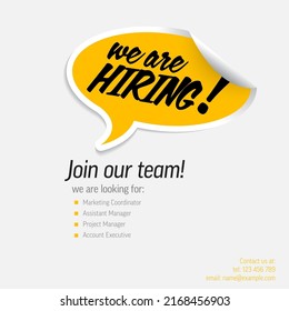 We are hiring minimalistic flyer template - looking for new members of our team hiring a new member colleages to our company organization team - simple motive with speech bubble sticker