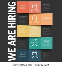 We are hiring minimalistic flyer template - looking for new members of our team hiring a new member colleages to our company organization team - simple motive with color blocks on dark background