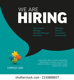 We are hiring minimalistic teal flyer template  with company logo and big speech bubble - looking for new members of our team hiring a new member colleages to our company organization team