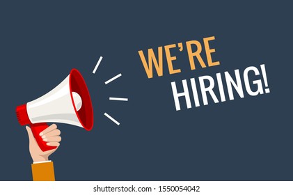 We hiring now banner job offer vector background. Hiring promotion megaphone employee illustration.