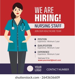'we are hiring nursing staff' social media poster with nurse vector illustration