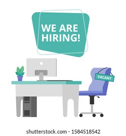 We are hiring with office empty chair illustration. Staffing & recruiting business concept