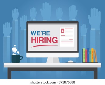 We are hiring on computer background with many hands to request job ,Vector illustration