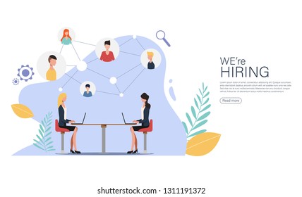 We are hiring and online recruitment concept with tiny people character suitable for landing page, mobile app, banner.