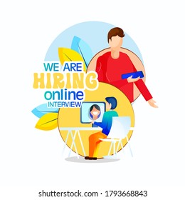 We are hiring and online recruitment concept with tiny people character. agency interview. select a resume process. template for web landing page, banner, presentation, social media. 