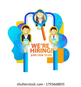 We are hiring and online recruitment concept with tiny people character. agency interview. select a resume process. template for web landing page, banner, presentation, social media. 
