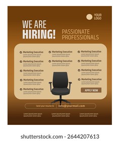 'we are hiring passionate professionals' poster design template. Hiring creative work. open vacancy design with office chair.