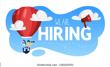 We are hiring. People on the air balloon looking for a job candidate. Idea of recruitment and headhunting. Searching for employee for business team. Flat vector illustration