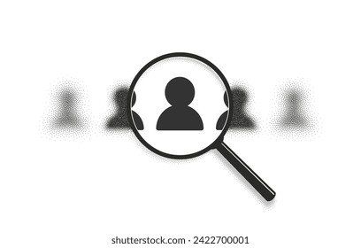 We are hiring, people search, hr recruit concept. Employee choose, pick team, vacancy icon. Magnifying glass zoom. Focus lens, transparent blur, morphism effect. Grain, dot halftone, noise texture.