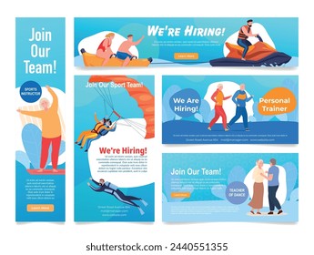 We are hiring personal trainer sport instructor banner set design template vector illustration. HR vacancy searching sportive personnel for dance diving yoga parachute hydro scuter jogging running