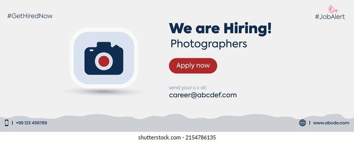 we are hiring photographer. we are hiring announcement facebook cover. photographers recruitment cover with camera. job announcement complete cover post. Website banner or Cover. Apply Now. send cv