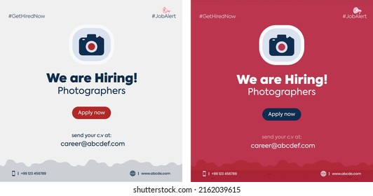 we are hiring. we are hiring photographers facebook post. photographers hiring announcement banner with camera icon and two different background colors. Business recruiting concept.