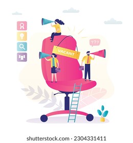 We are hiring, placard - vacant on an empty office chair. Recruitment process, HR agency select for new employees. Job interview, group of hr specialists in search of staff. flat vector illustration